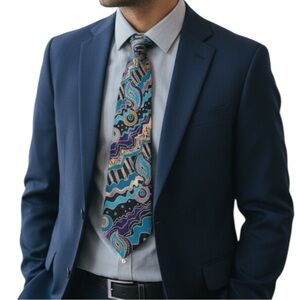 FORMAT 100% Silk Bright Teal Abstract Print Tie Made in Japan Luxury Statement